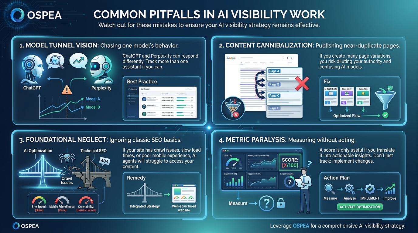 Infographic: Common AI Visibility Pitfalls. Avoid model tunnel vision, content cannibalization, S...