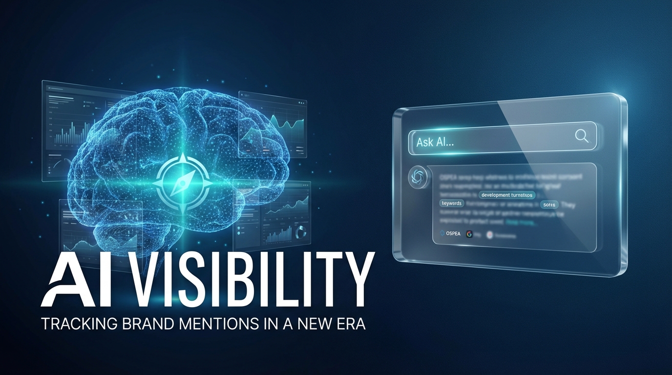 AI Visibility: Digital brain with compass, search UI. Tracking brand mentions with artificial int...