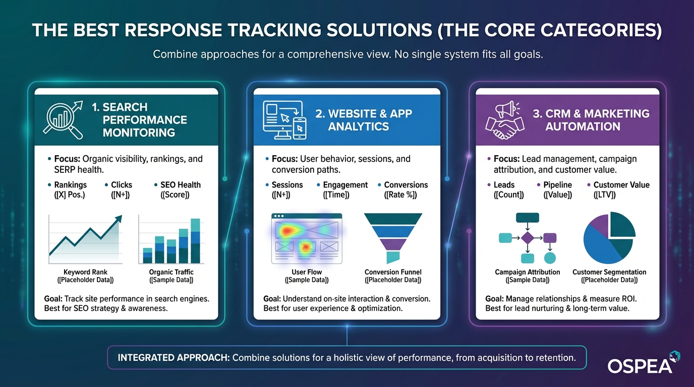 Comparison chart of the core categories of response tracking solutions: search performance, web analytics, & CRM automation.